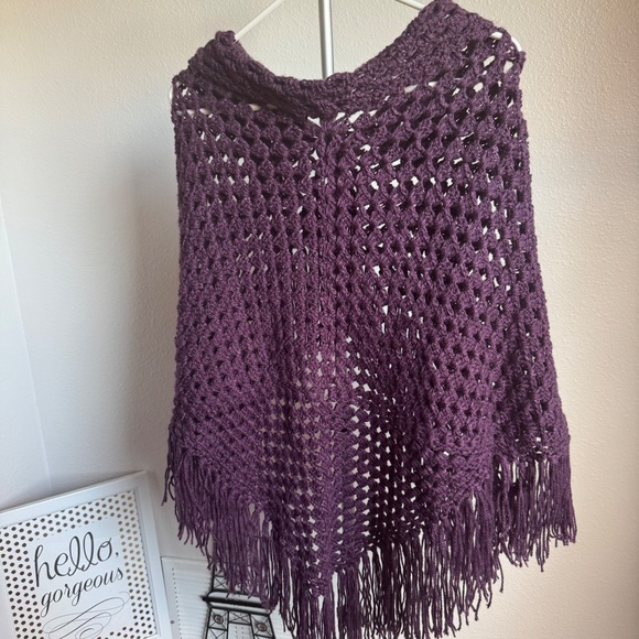 Handmade Crochet Purple Poncho with Tassels Buttons - Picture 4 of 7
